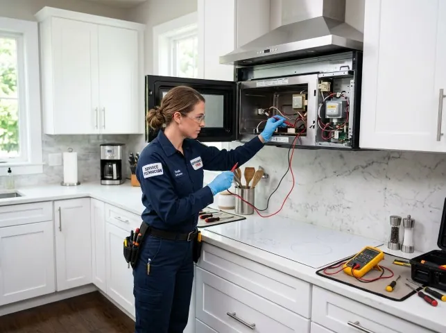 Appliance Repair Hero technician testing an over-the-range microwave in a Beale Afb, CA kitchen